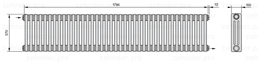 Схема (чертеж) Радиатор Zehnder Charleston 3057/39 №1670 Technoline TL